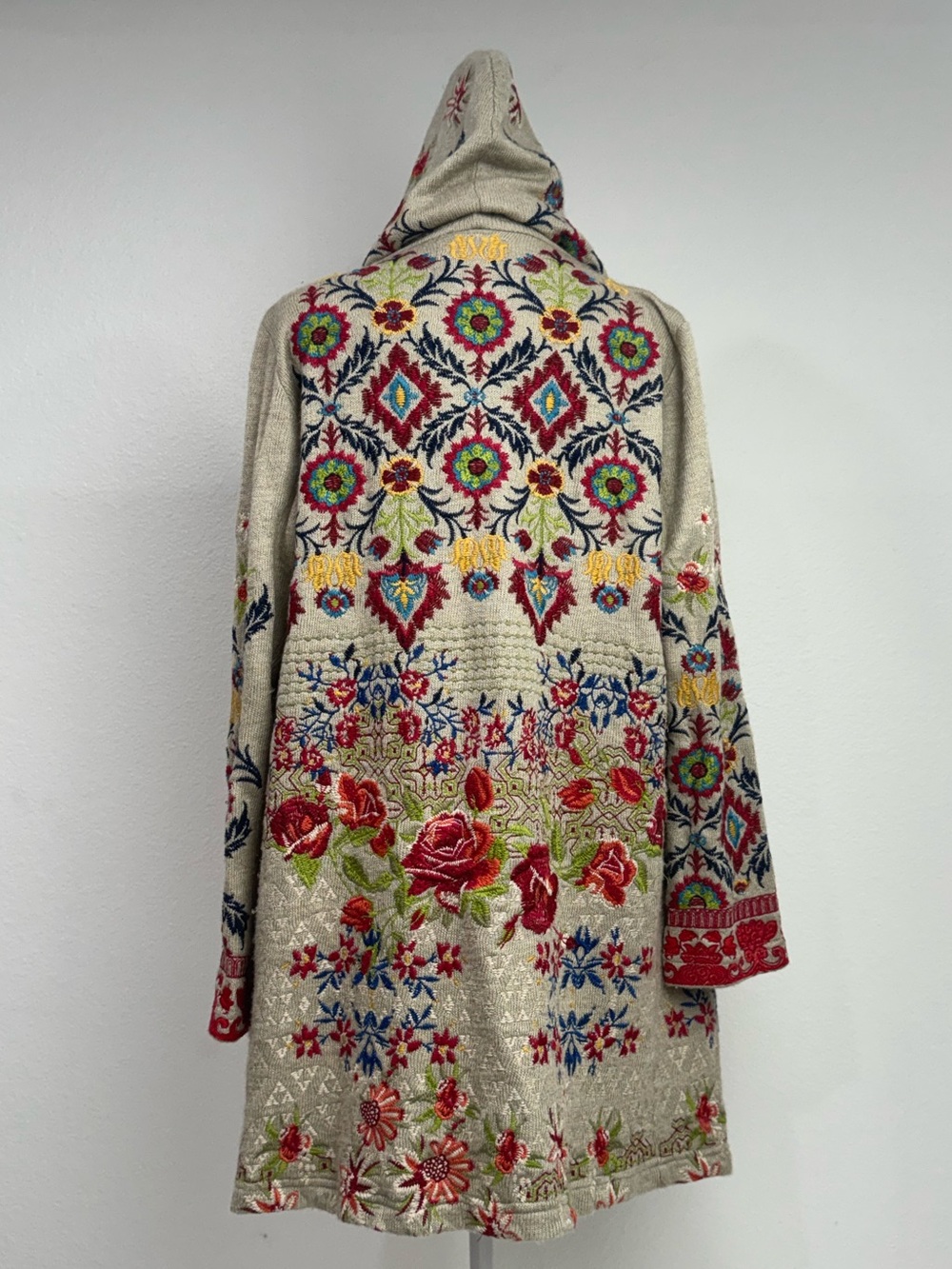 JOHNNY WAS BIYA HOODED OPEN CARDIGAN Sweater Sz S Tan Multicolor Embroidered - Picture 2 of 12